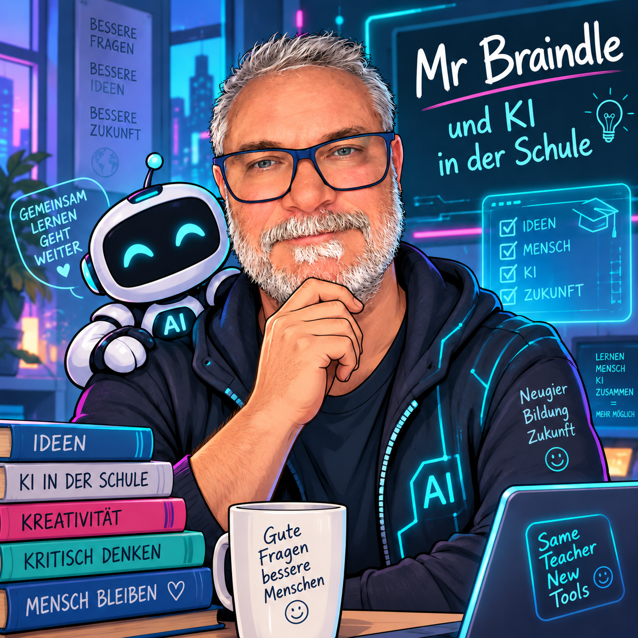 KI-Illustration von Arno Brändle mit einem freundlichen Roboter im futuristischen Klassenzimmer